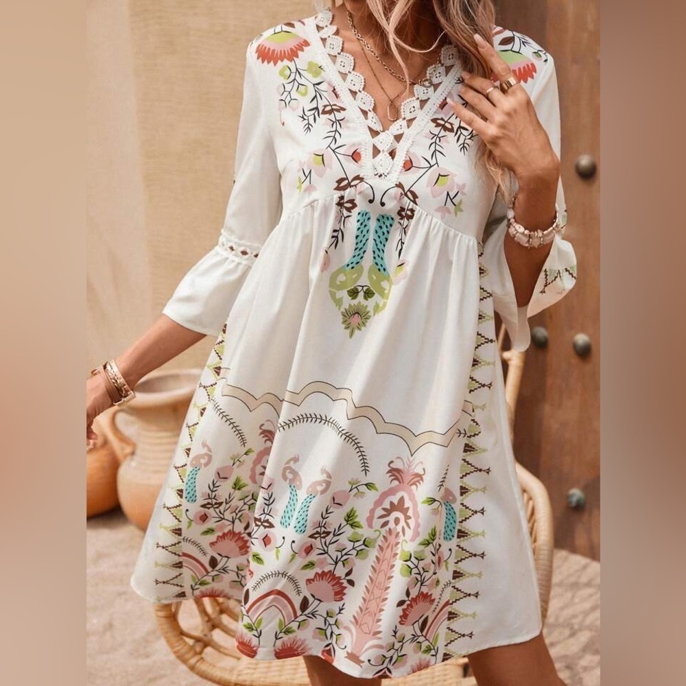 Boho Print Lace Hem Midi dress all sizes - Picture 4 of 6